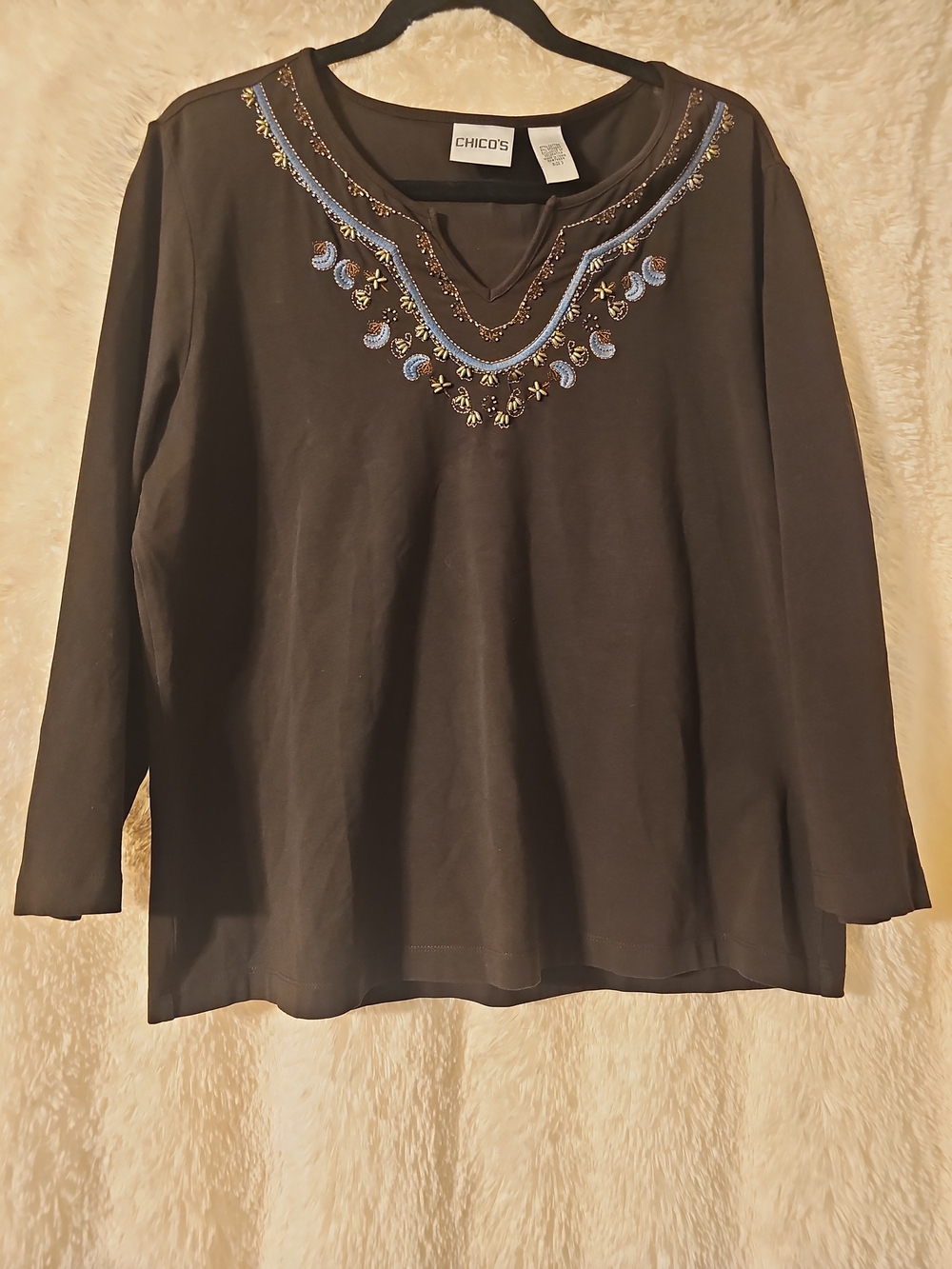 Chico's Black Embroidered V-Neck Long-Sleeve Top